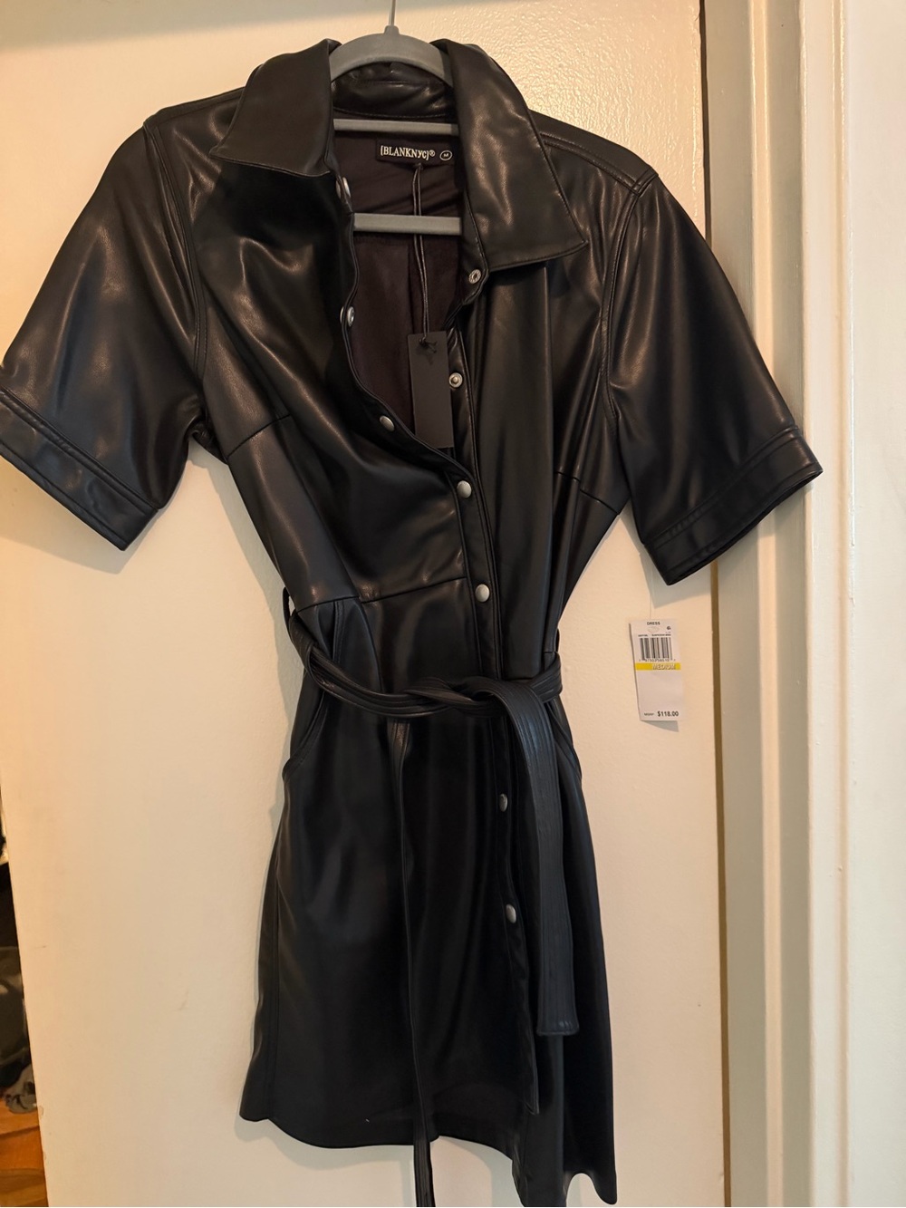 Blank NYC Black Faux Leather Shirt Dress with Belt